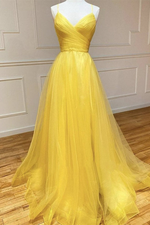 Amazing Yellow Spaghetti-Straps Prom Dress UK with String Back-ballbellauk