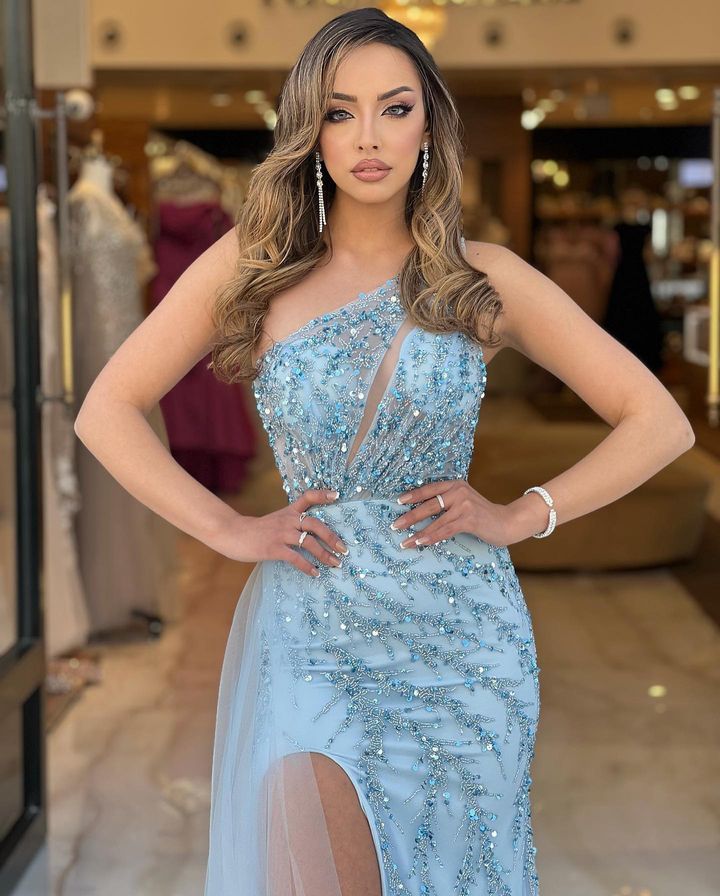 Attractive Baby Blue One Shoulder Sleeveless Tight Mermaid Prom Dress UK With Tulle-ballbellauk