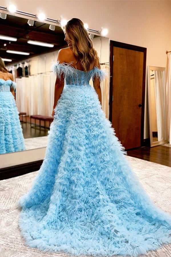 Baby Blue A Line Sweetheart Evening Dress with Feathers Online for Grad Party-ballbellauk