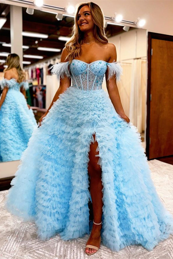 Baby Blue A Line Sweetheart Evening Dress with Feathers Online for Grad Party-ballbellauk