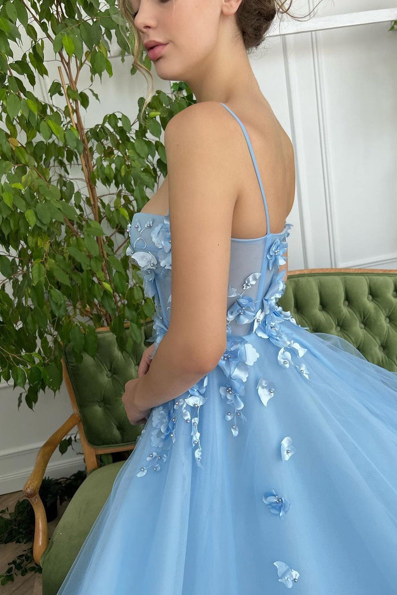 Baby Blue Sweetheart Flowers Appliques Spaghetti Strap Prom Dress UK with Side Split-ballbellauk