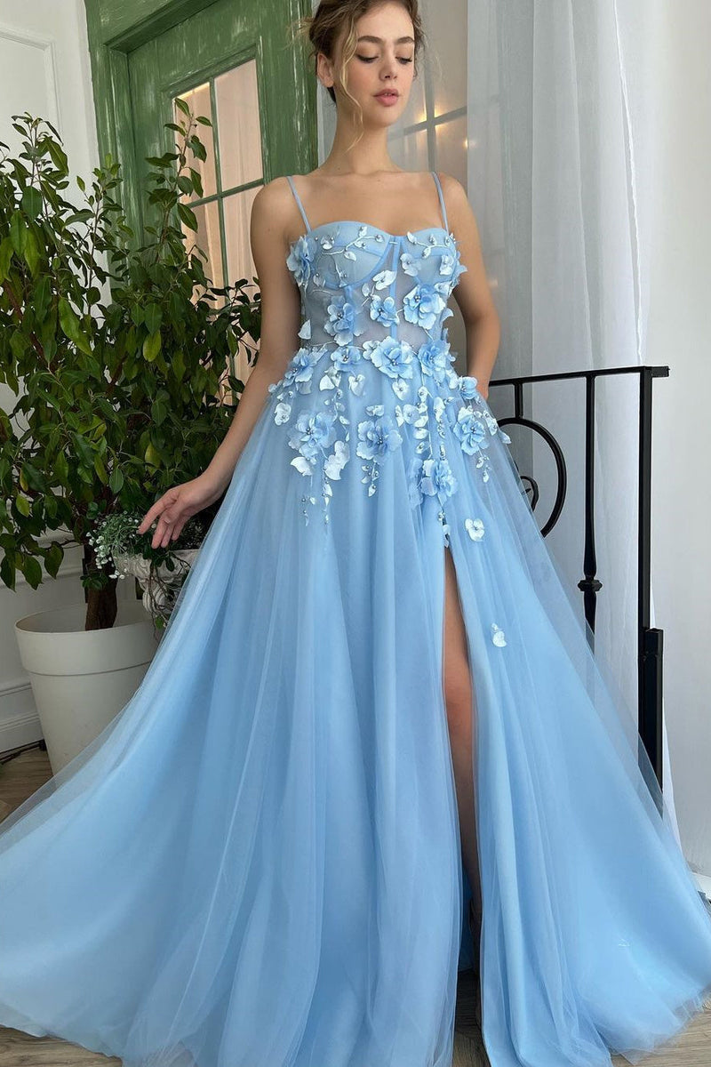 Baby Blue Sweetheart Flowers Appliques Spaghetti Strap Prom Dress UK with Side Split-ballbellauk