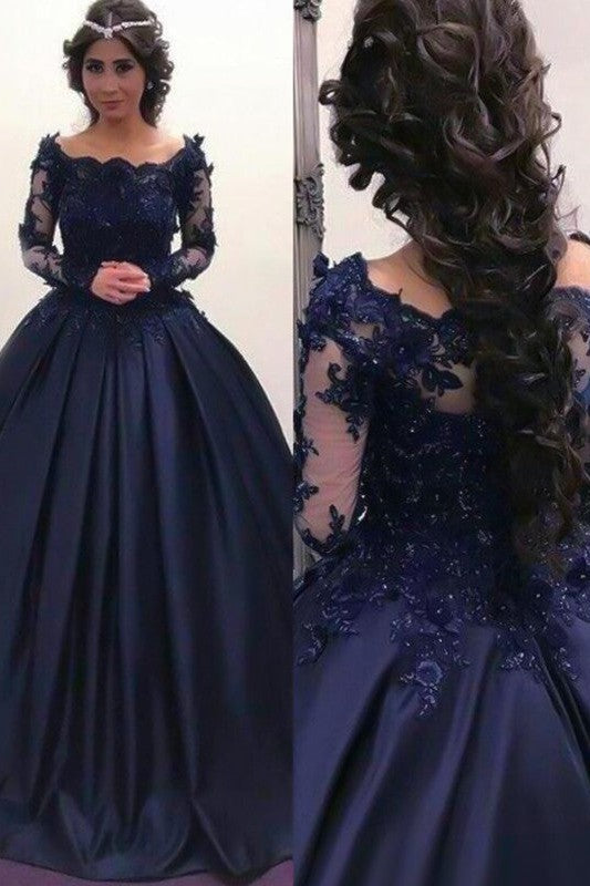 Ball Gown Bateau Long Sleeves With Appliques Elegant Evening Dress-ballbellauk