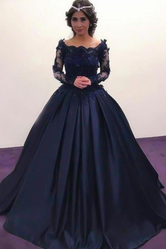 Ball Gown Bateau Long Sleeves With Appliques Elegant Evening Dress-ballbellauk