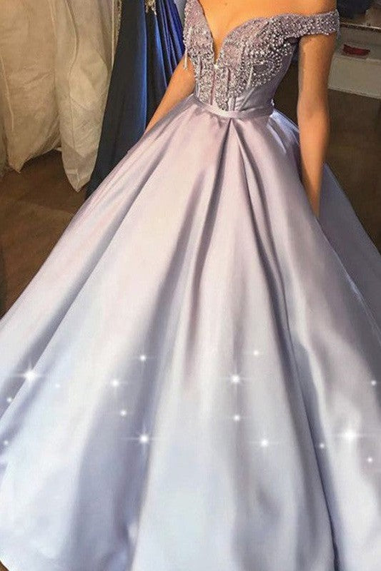 Ball Gown Beading Satin Off-the-Shoulder Sleeveless Long Prom Dress-ballbellauk