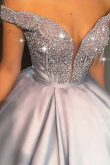 Ball Gown Beading Satin Off-the-Shoulder Sleeveless Long Prom Dress-ballbellauk