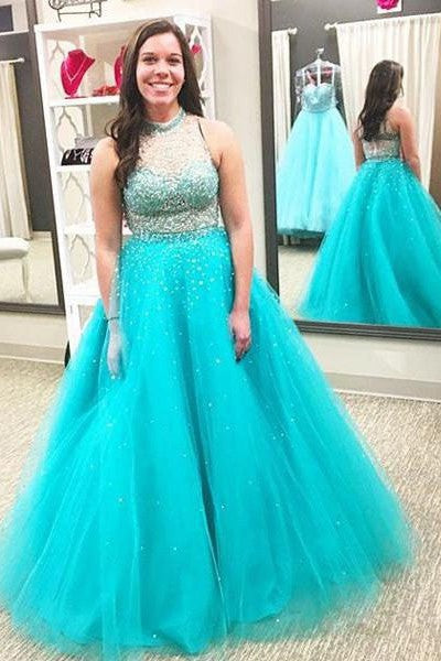 Ball Gown Beading Sleeveless Long Tulle Plus Size Prom Dress-ballbellauk