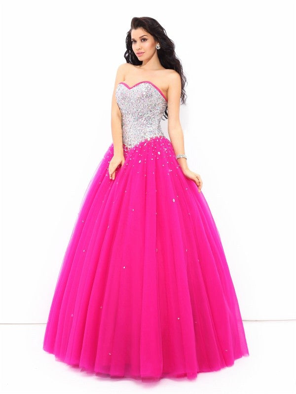 Ball Gown Beading Sweetheart Sleeveless Long Satin Quinceanera Prom Dress-ballbellauk