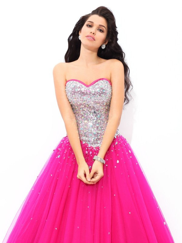 Ball Gown Beading Sweetheart Sleeveless Long Satin Quinceanera Prom Dress-ballbellauk