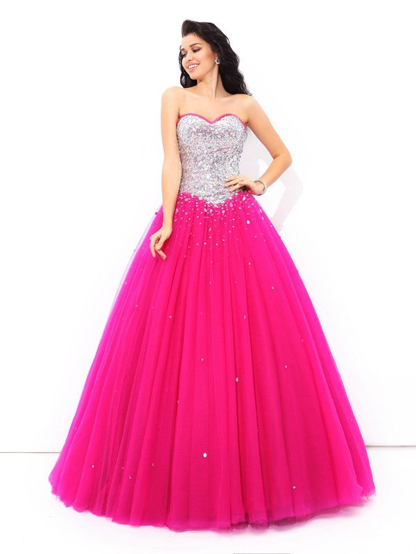 Ball Gown Beading Sweetheart Sleeveless Long Satin Quinceanera Prom Dress-ballbellauk