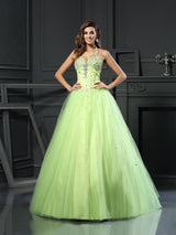 Ball Gown Halter Beading Sleeveless Long Satin Quinceanera Prom Dress-ballbellauk