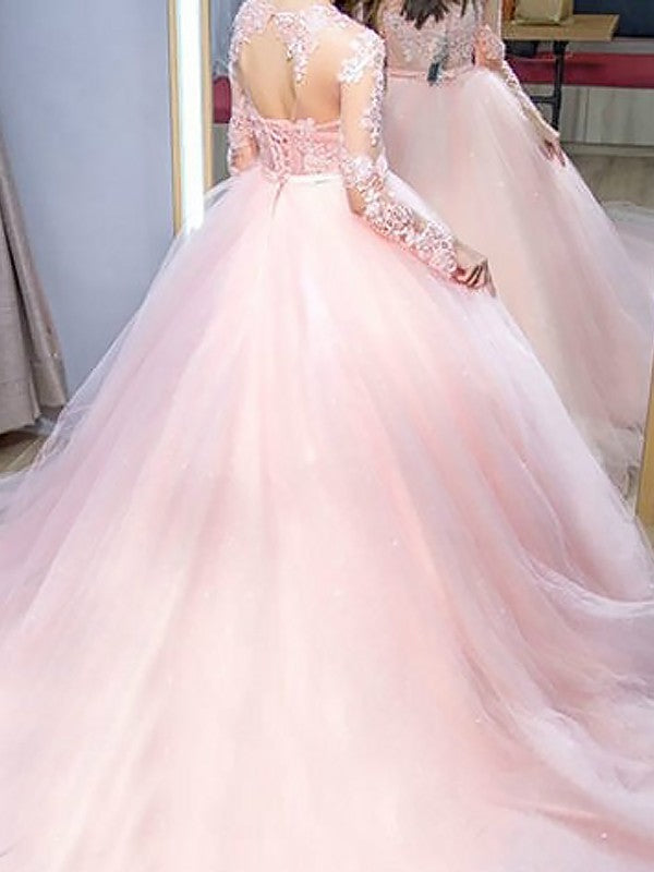 Ball Gown Jewel Long Sleeves Lace Tulle Prom Dress-ballbellauk