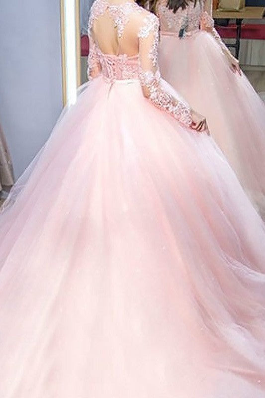 Ball Gown Jewel Long Sleeves Lace Tulle Prom Dress-ballbellauk