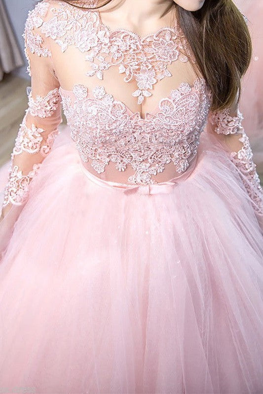 Ball Gown Jewel Long Sleeves Lace Tulle Prom Dress-ballbellauk