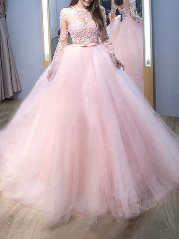 Ball Gown Jewel Long Sleeves Lace Tulle Prom Dress-ballbellauk