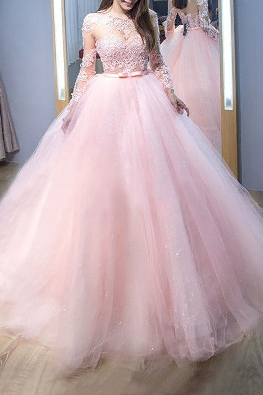 Ball Gown Jewel Long Sleeves Lace Tulle Prom Dress-ballbellauk