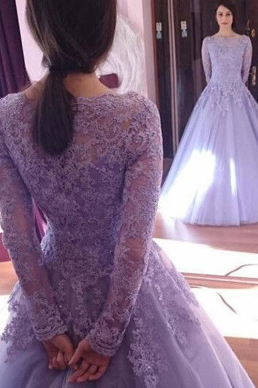 Ball Gown Jewel Long Sleeves Long Tulle Prom Dress-ballbellauk