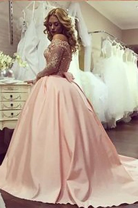 Ball Gown Long Sleeves Off-the-Shoulder Beading Satin Court Train Prom Dress-ballbellauk