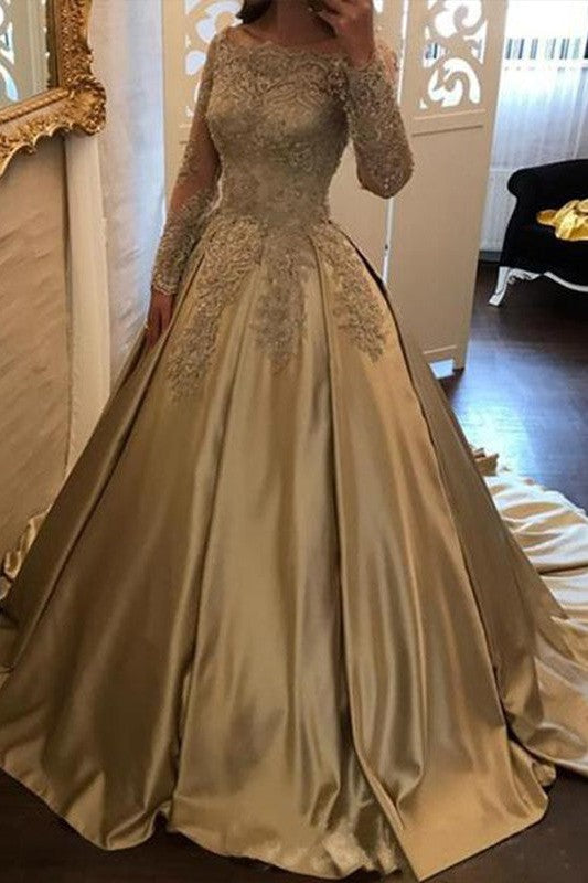 Ball Gown Long Sleeves Off-the-Shoulder With Appliques Elegant Evening Dress-ballbellauk