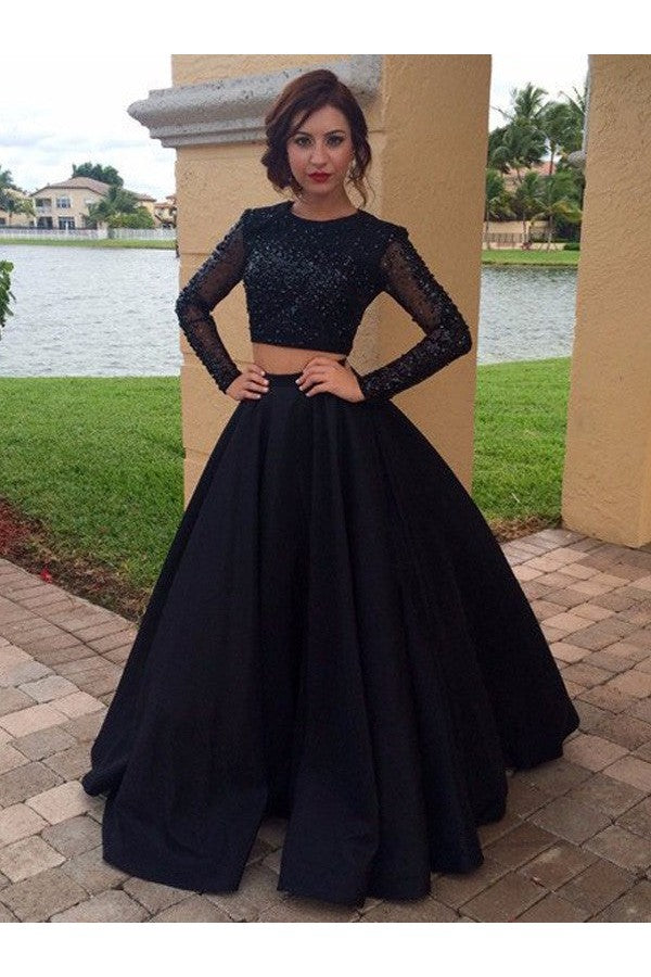 Ball Gown Long Sleeves Scoop Long Satin Beading Prom Dress-ballbellauk