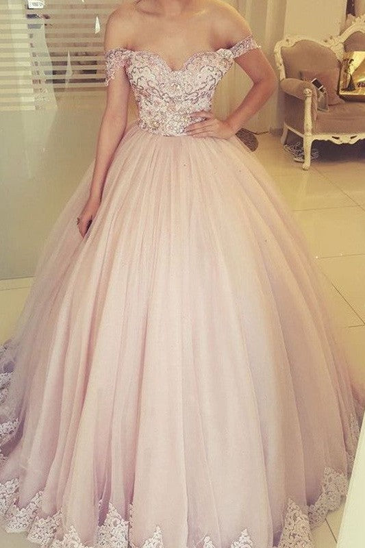 Ball Gown Off-the-Shoulder Long Sleeveless Tulle With Appliques Prom Dress-ballbellauk