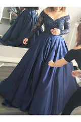 Ball Gown Off-the-Shoulder Long Sleeves Beading Satin Prom Dress-ballbellauk