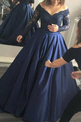 Ball Gown Off-the-Shoulder Long Sleeves Beading Satin Prom Dress-ballbellauk