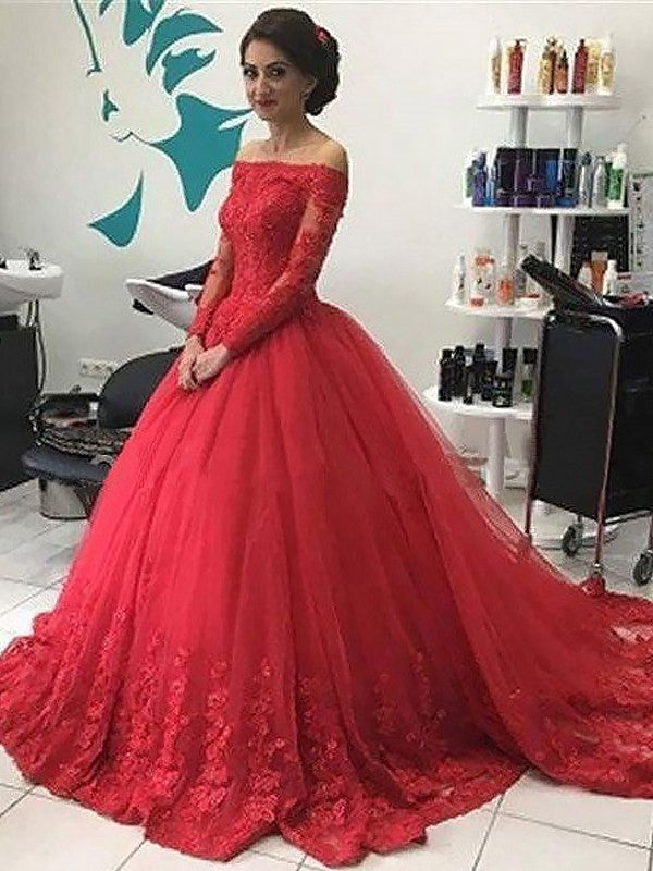 Ball Gown Off-the-Shoulder Long Sleeves Lace Tulle Court Train Prom Dress-ballbellauk