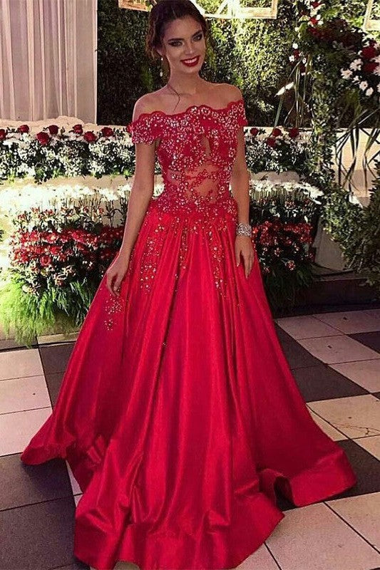 Ball Gown Off-the-Shoulder Sleeveless Beading Prom Dress with Satin-ballbellauk