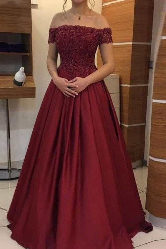 Ball Gown Off-the-Shoulder Sleeveless Long With Appliques Prom Dress with Satin-ballbellauk