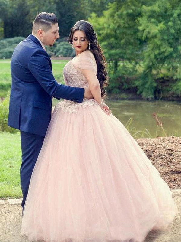 Ball Gown Off-the-Shoulder Sleeveless With Appliques Long Tulle Plus Size Prom Dress-ballbellauk