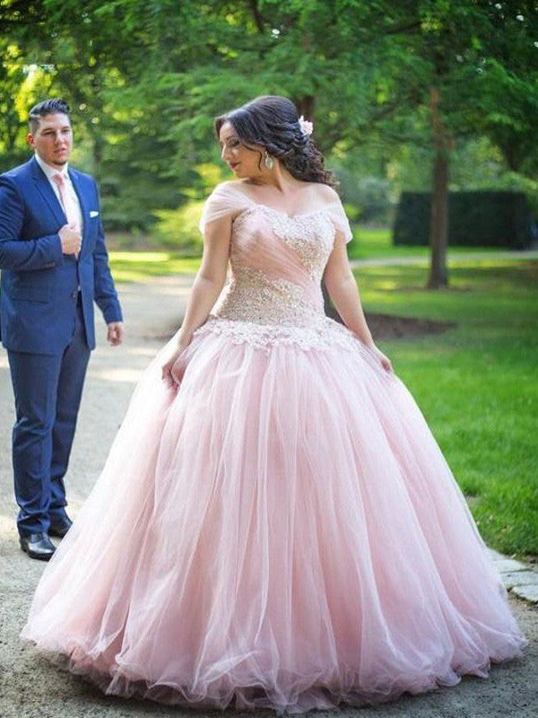 Ball Gown Off-the-Shoulder Sleeveless With Appliques Long Tulle Plus Size Prom Dress-ballbellauk