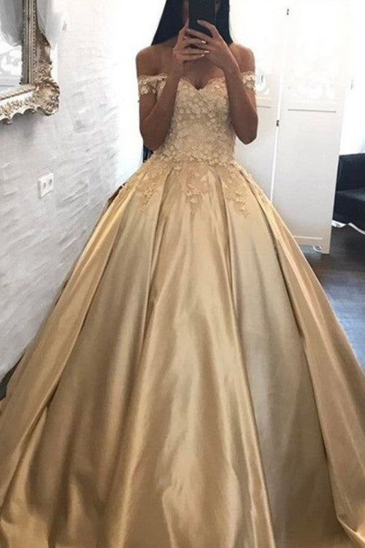 Ball Gown Off-the-Shoulder Sleeveless With Appliques Prom Dress with Satin-ballbellauk