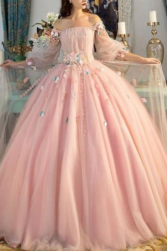 Ball Gown Off-the-Shoulder Tulle Long Sleeves Hand-Made Flower Long Prom Dress-ballbellauk