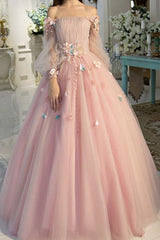 Ball Gown Off-the-Shoulder Tulle Long Sleeves Hand-Made Flower Long Prom Dress-ballbellauk