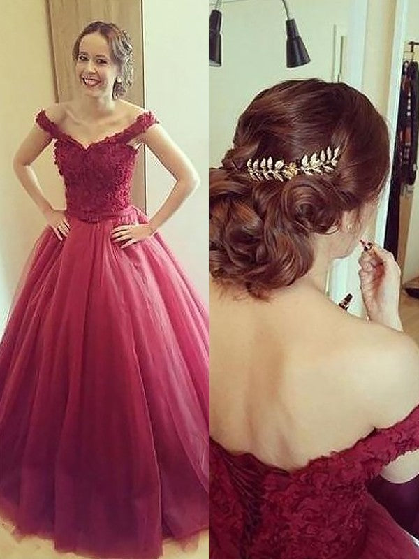 Ball Gown Off-the-Shoulder With Appliques Sleeveless Court Train Tulle Prom Dress-ballbellauk