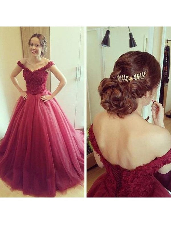 Ball Gown Off-the-Shoulder With Appliques Sleeveless Court Train Tulle Prom Dress-ballbellauk