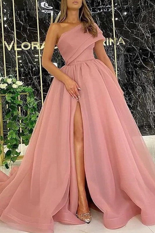 Ball Gown Organza Ruffles One-Shoulder Sleeveless Prom Dress-ballbellauk