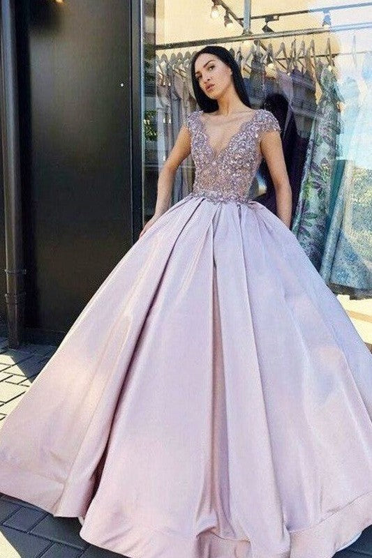 Ball Gown Satin Beading V-neck Short Sleeves Long Prom Dress-ballbellauk