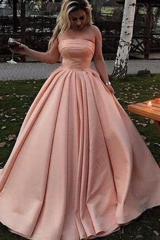 Ball Gown Satin Strapless Ruffles Sleeveless Prom Dress-ballbellauk