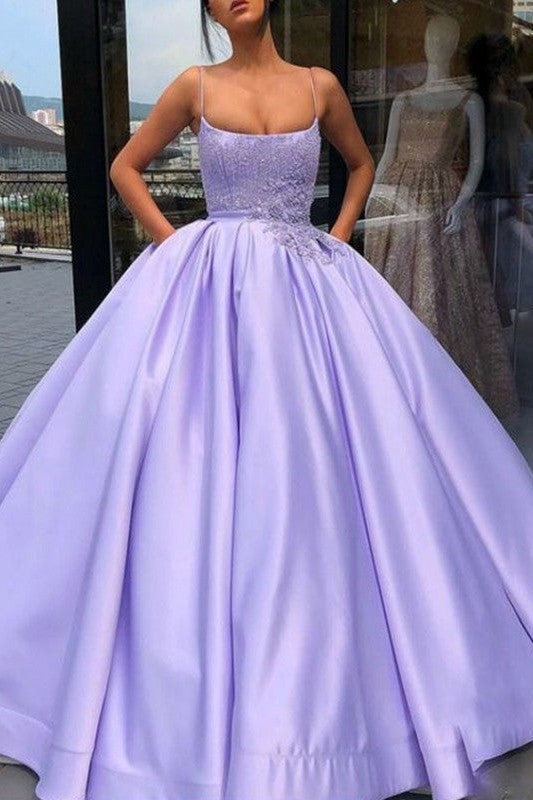 Ball Gown Satin With Appliques Spaghetti-Straps Sleeveless Long Prom Dress-ballbellauk