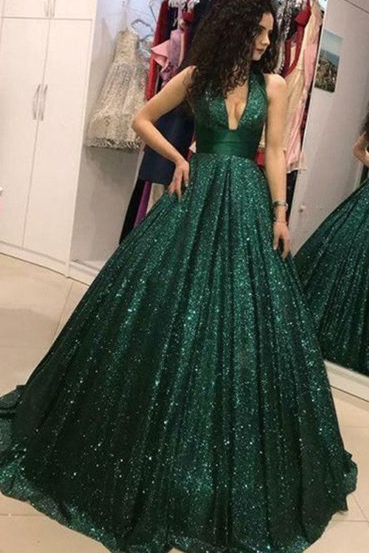 Ball Gown Sequins Ruffles Halter Sleeveless Long Prom Dress-ballbellauk