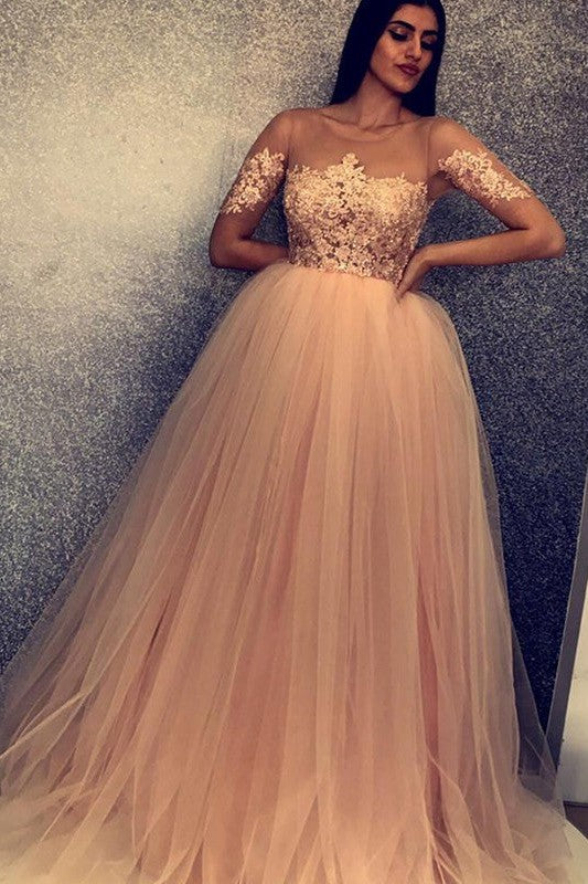 Ball Gown Short Sleeves Scoop With Appliques Tulle Prom Dress-ballbellauk