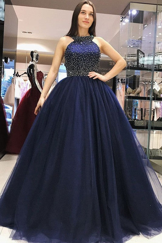 Ball Gown Sleeveless Beading Tulle Prom Dress-ballbellauk