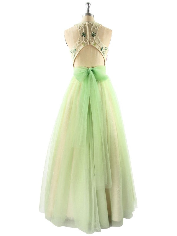 Ball Gown Sleeveless Halter Beading Long Tulle Prom Dress-ballbellauk