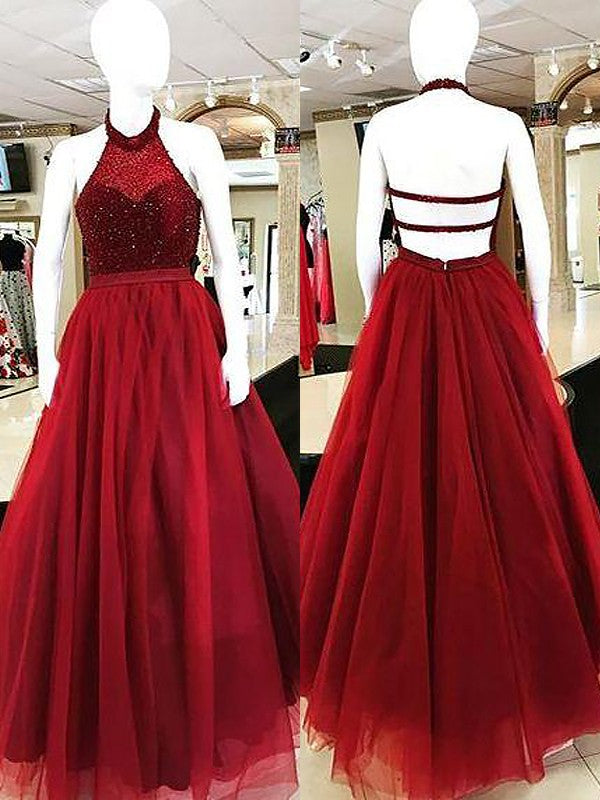 Ball Gown Sleeveless Halter Beading Long Tulle Prom Dress-ballbellauk