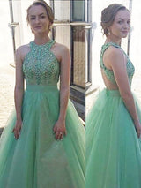 Ball Gown Sleeveless Halter Beading Long Tulle Prom Dress-ballbellauk