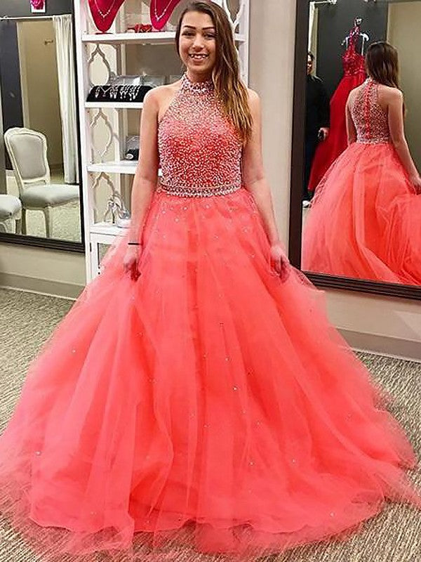 Ball Gown Sleeveless Halter Beading Long Tulle Prom Dress-ballbellauk