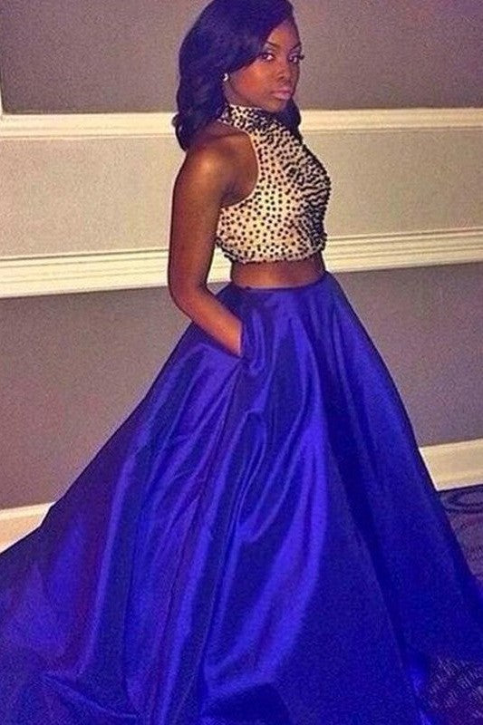 Ball Gown Sleeveless Halter Beading Taffeta Two Piece Prom Dress-ballbellauk