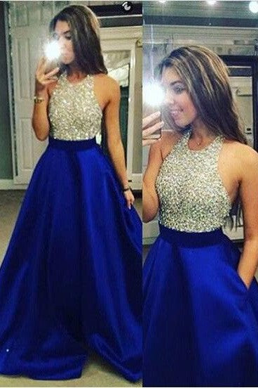 Ball Gown Sleeveless Jewel Crystal Satin Long Prom Dress-ballbellauk